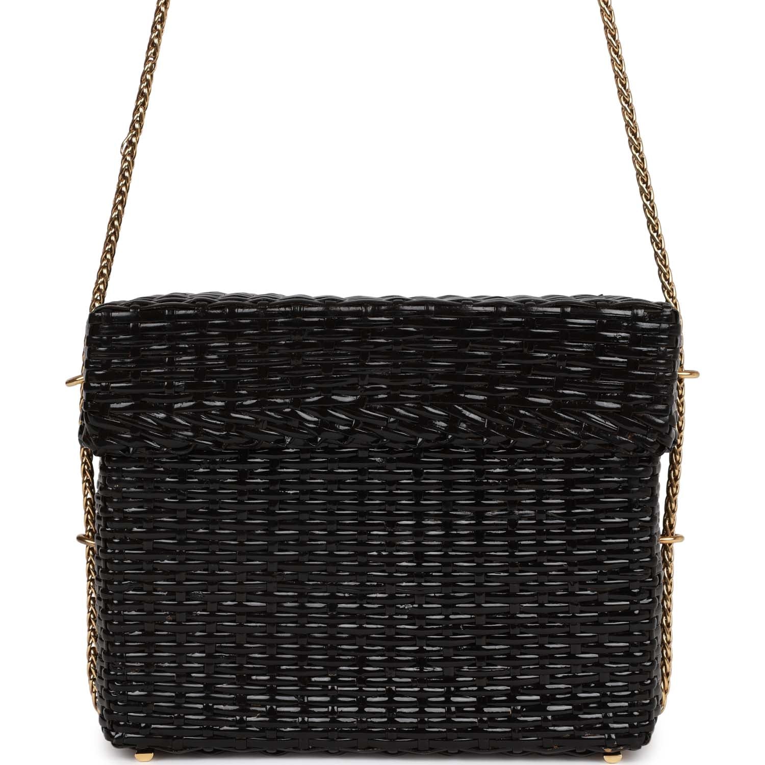 Chanel Vintage Wicker Picnic Basket Bag Black Gold Hardware