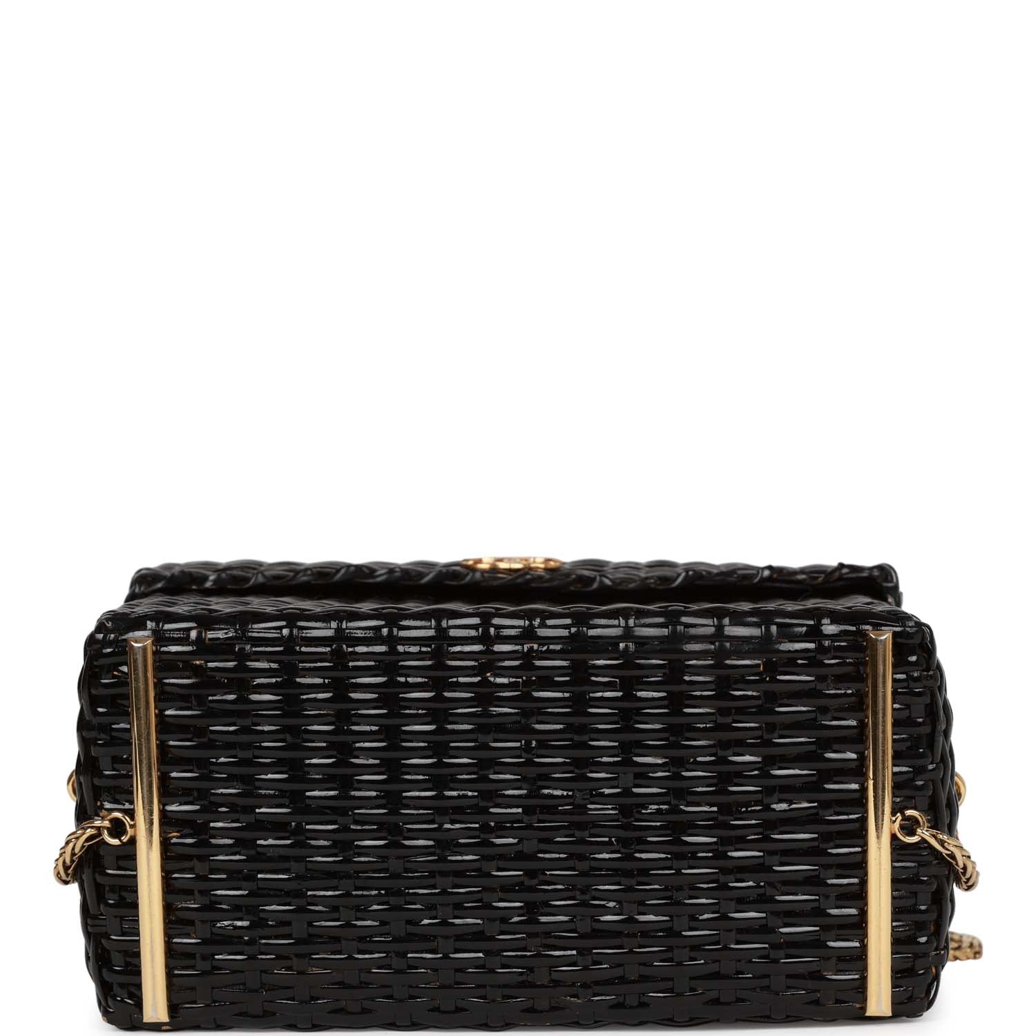 Chanel Vintage Wicker Picnic Basket Bag Black Gold Hardware