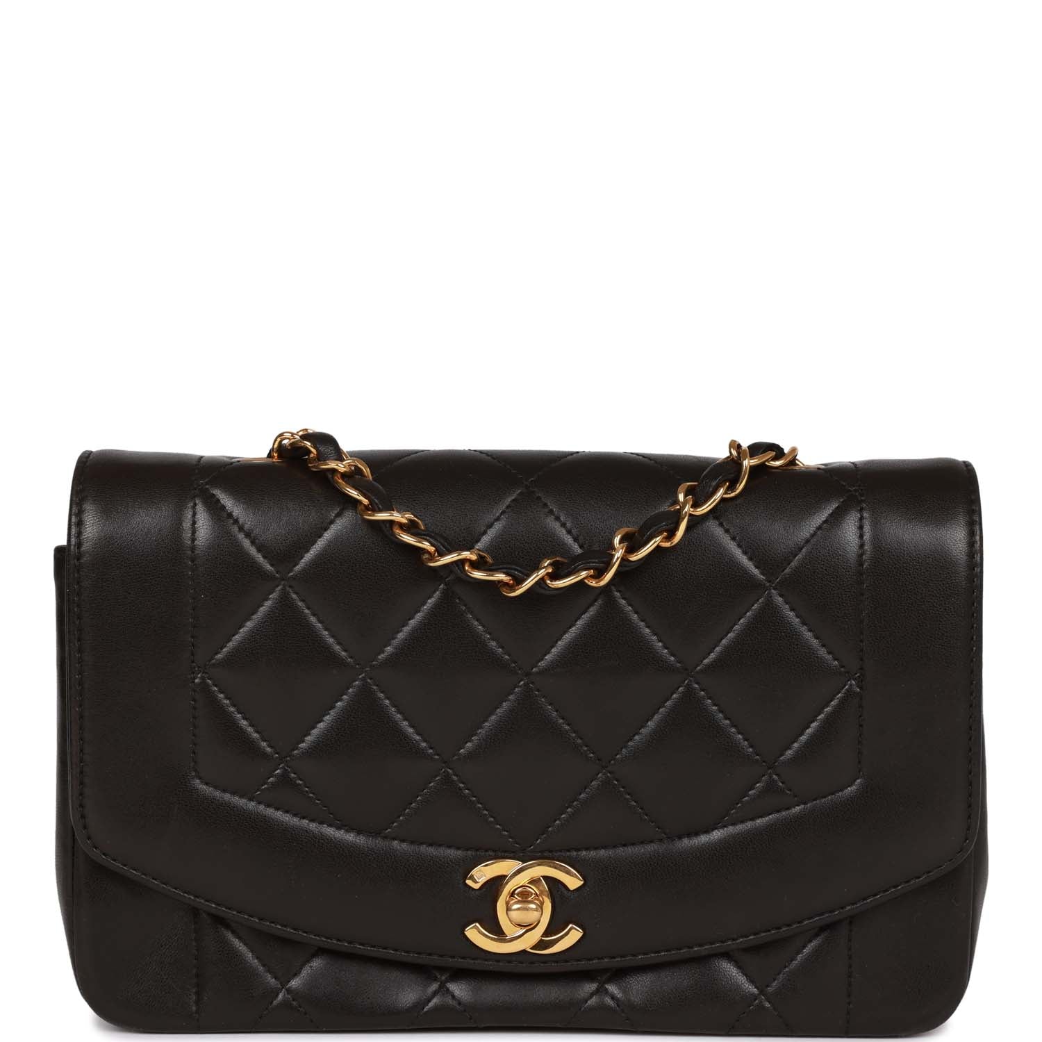 Chanel Vintage Small Diana Flap Bag Black Lambskin Gold Hardware