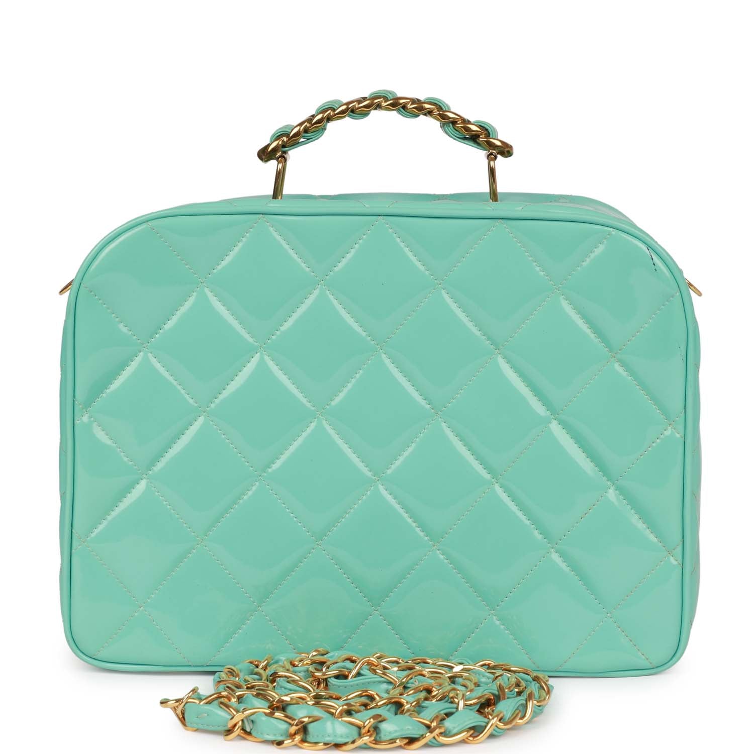 Chanel Vintage Vanity Case Bag Turquoise Patent Gold Hardware