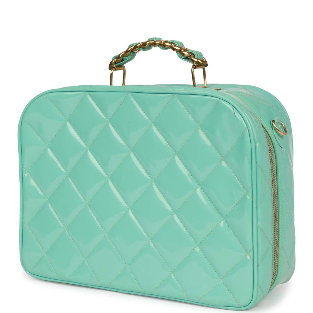 Chanel Vintage Vanity Case Bag Turquoise Patent Gold Hardware
