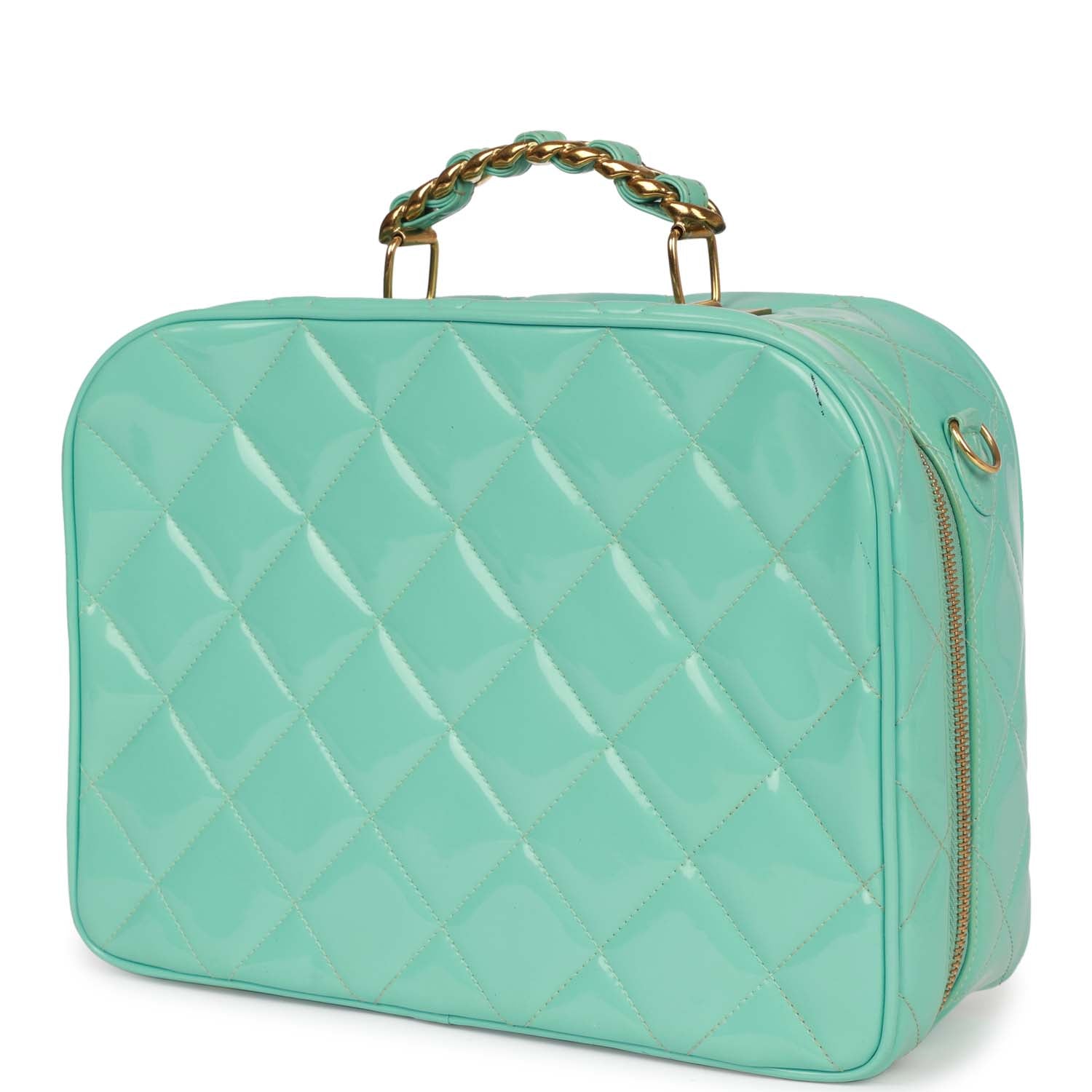 Chanel Vintage Vanity Case Bag Turquoise Patent Gold Hardware