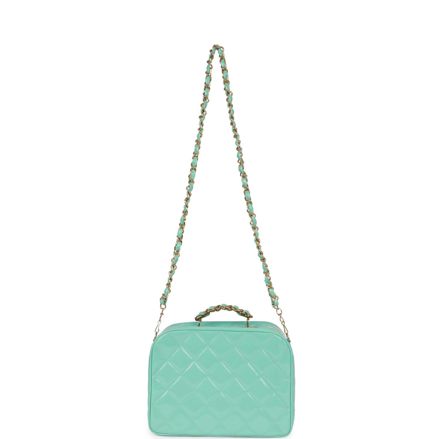 Chanel Vintage Vanity Case Bag Turquoise Patent Gold Hardware