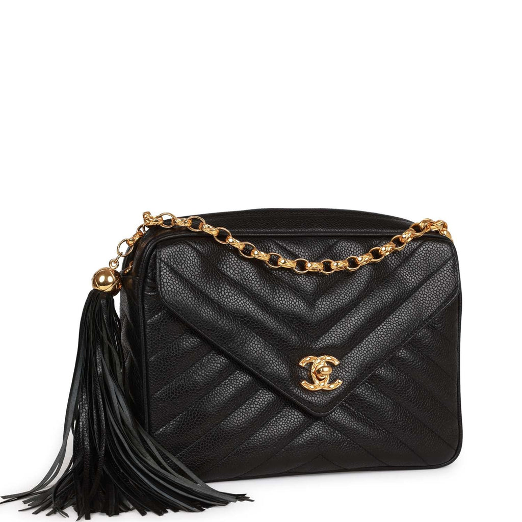 Chanel Vintage Small Chevron Tassel Camera Bag Black Caviar Gold Hardware