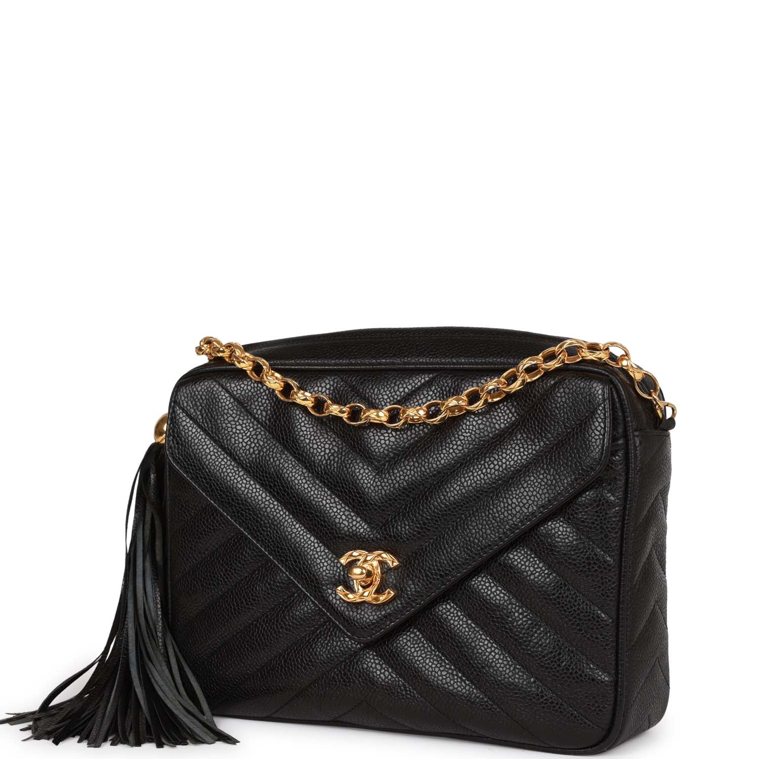 Chanel Vintage Small Chevron Tassel Camera Bag Black Caviar Gold Hardware