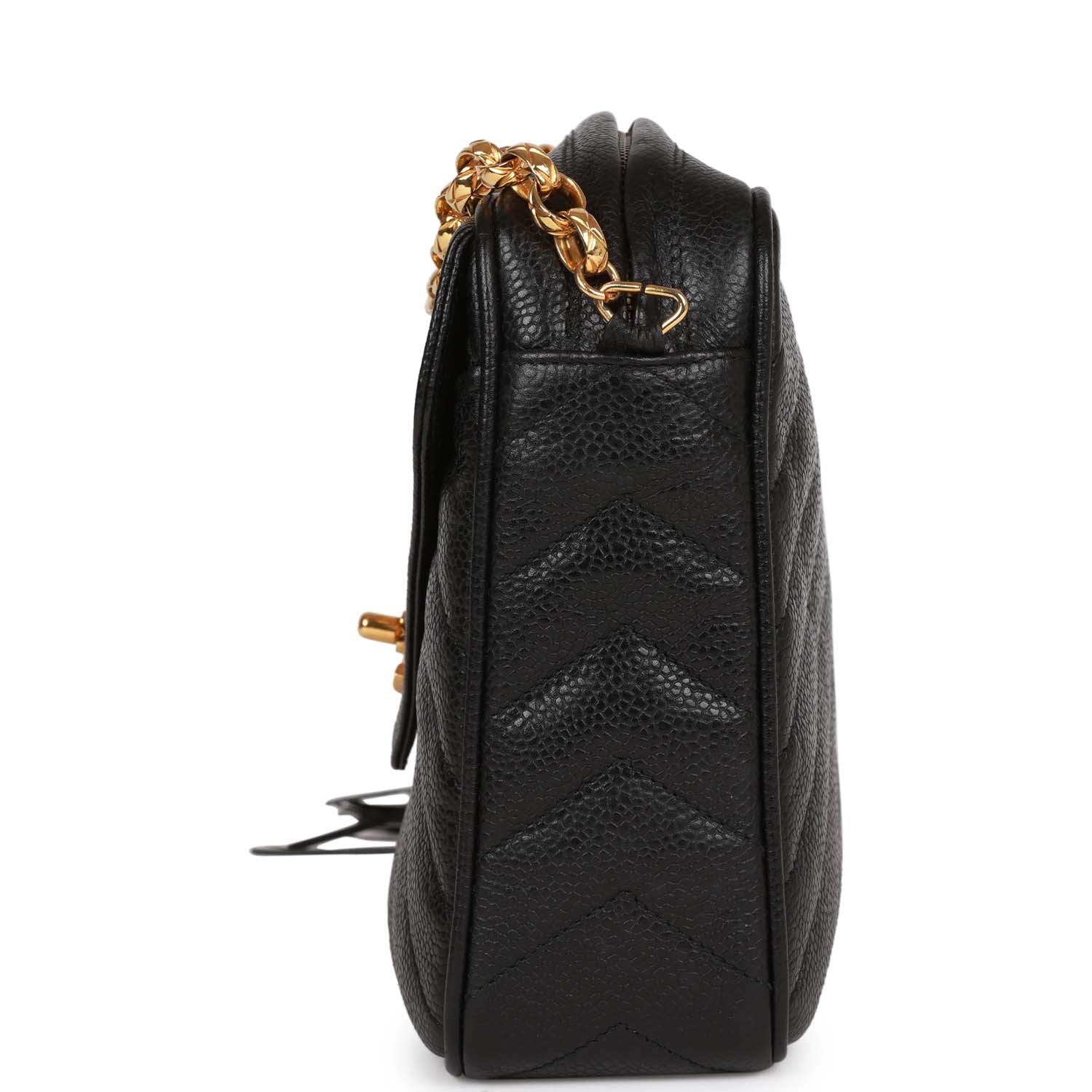 Chanel Vintage Small Chevron Tassel Camera Bag Black Caviar Gold Hardware
