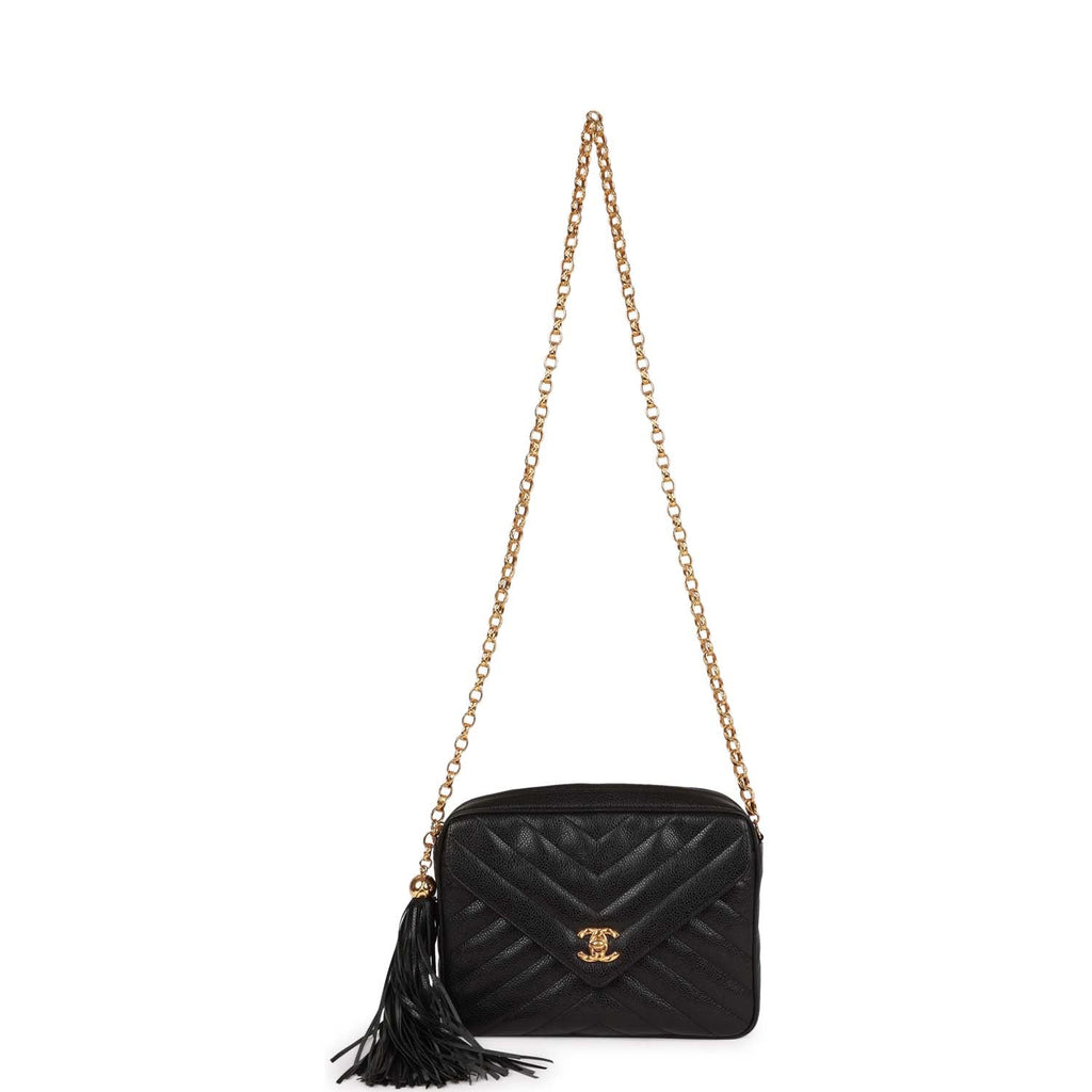 Chanel Vintage Small Chevron Tassel Camera Bag Black Caviar Gold Hardware