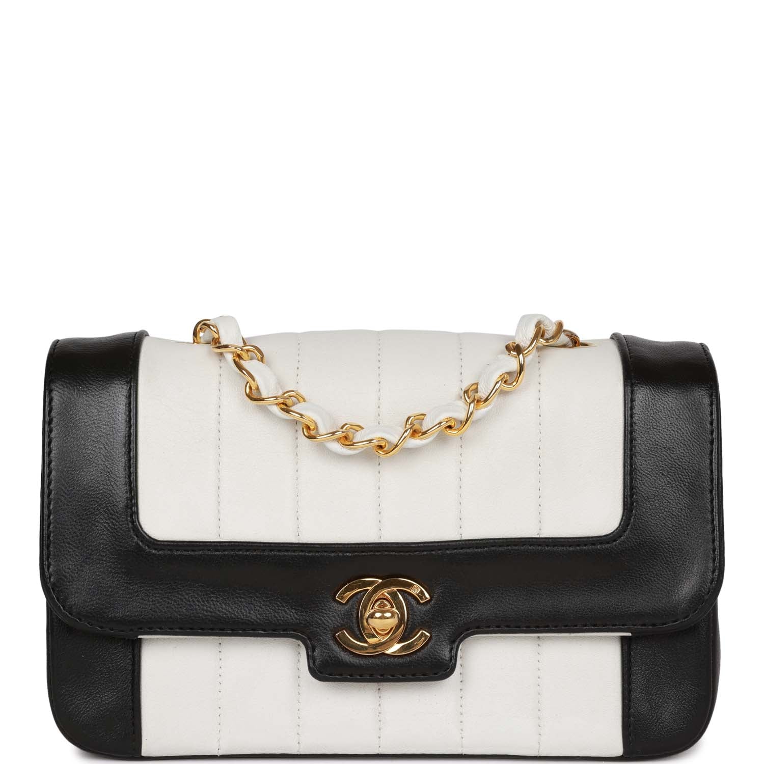 Chanel Vintage Mini Mademoiselle Bag Black and White Lambskin Gold Hardware