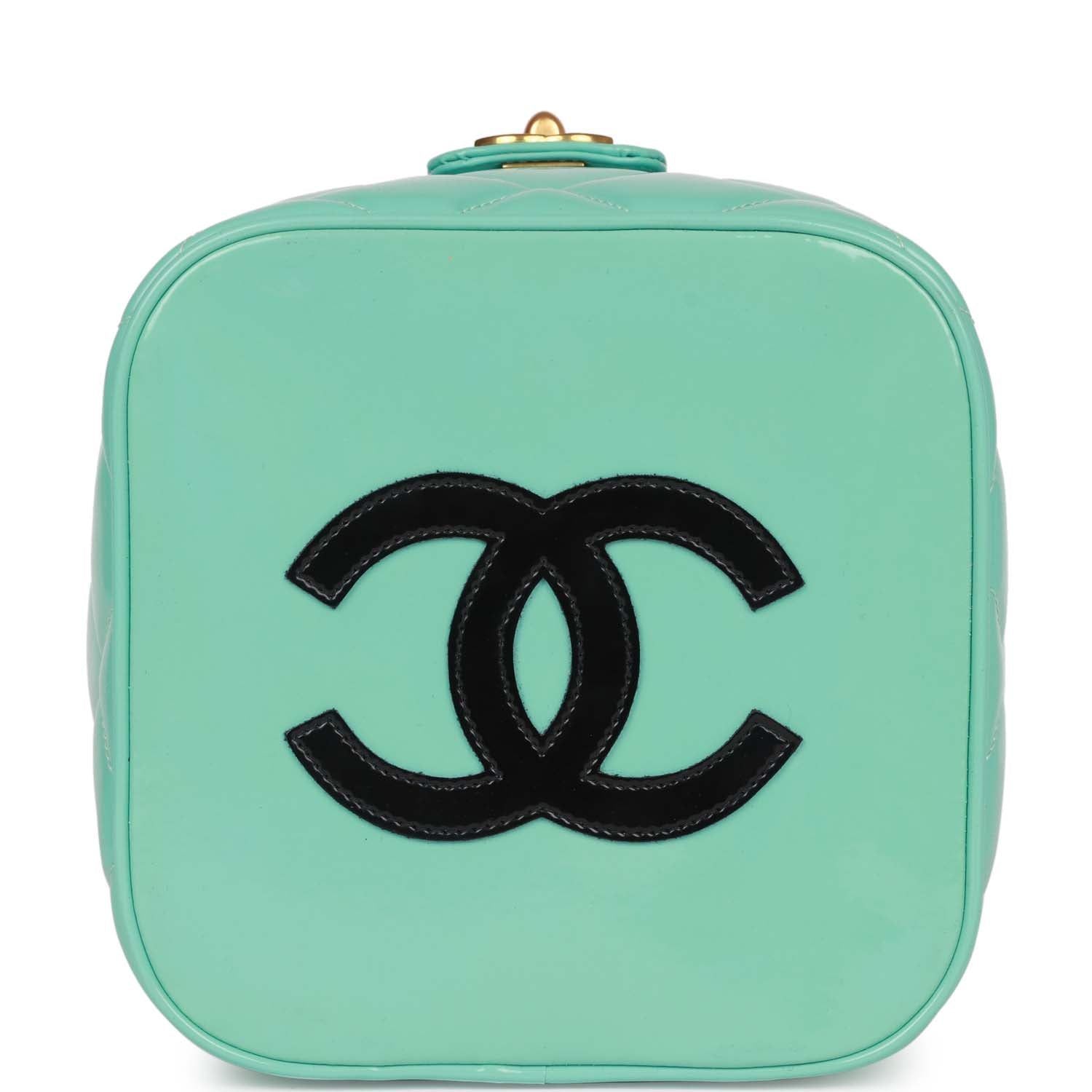 Chanel Vintage Vanity Heart Mirror Bag Turquoise Patent Gold Hardware