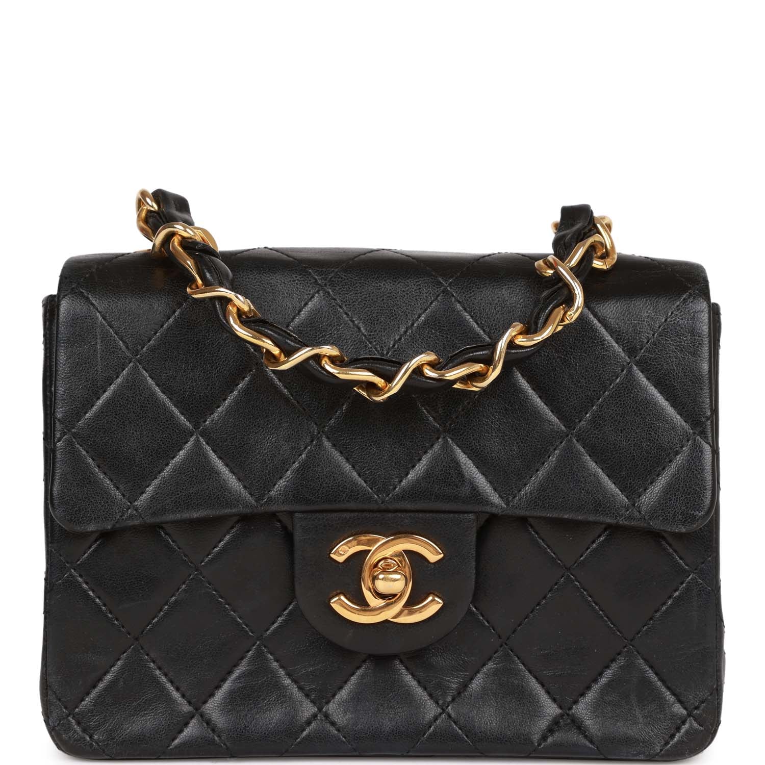Chanel Vintage Mini Flap Chain Handle Bag Black Lambskin Gold Hardware