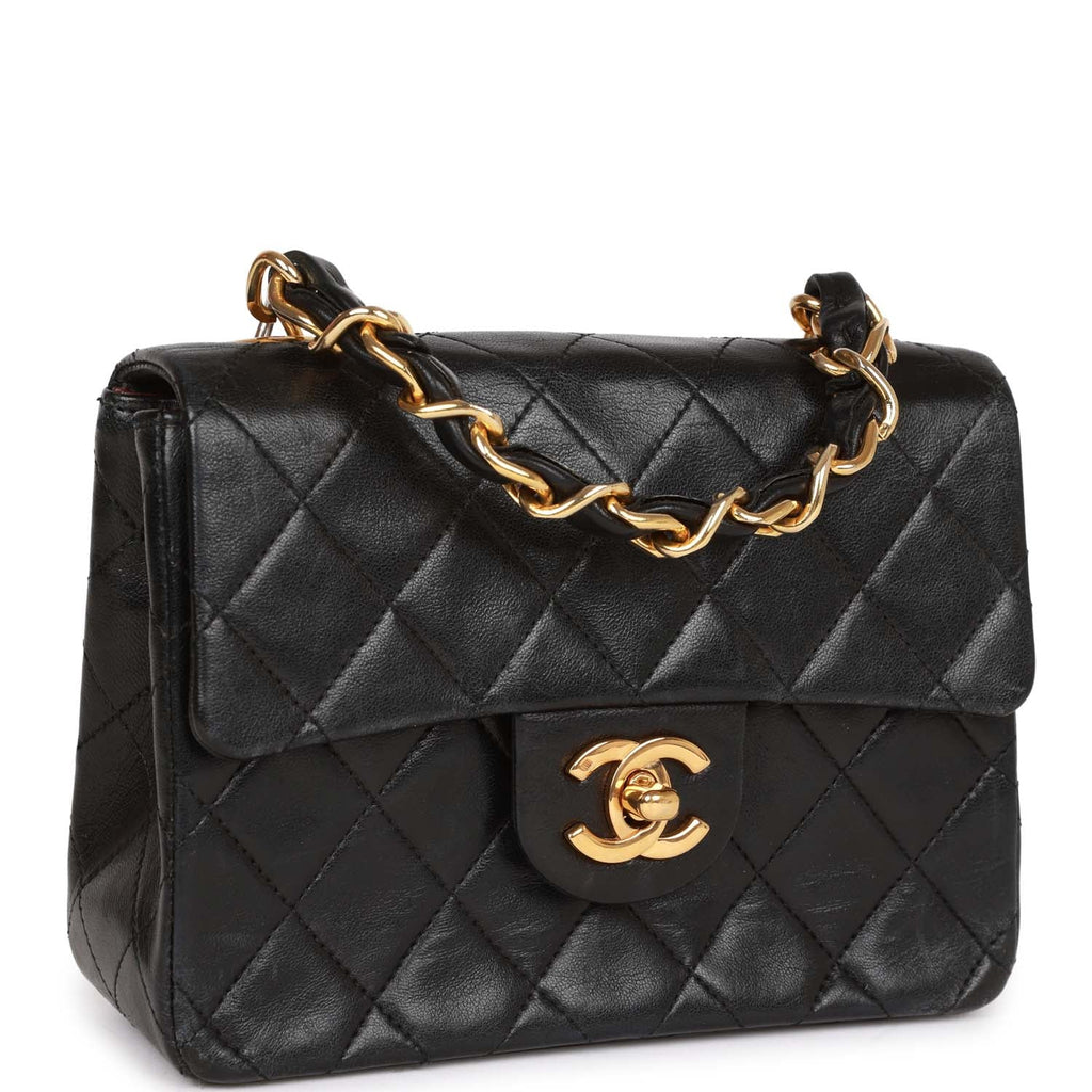 Chanel Vintage Mini Flap Chain Handle Bag Black Lambskin Gold Hardware