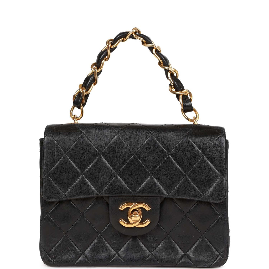 Chanel Vintage Mini Flap Chain Handle Bag Black Lambskin Gold Hardware