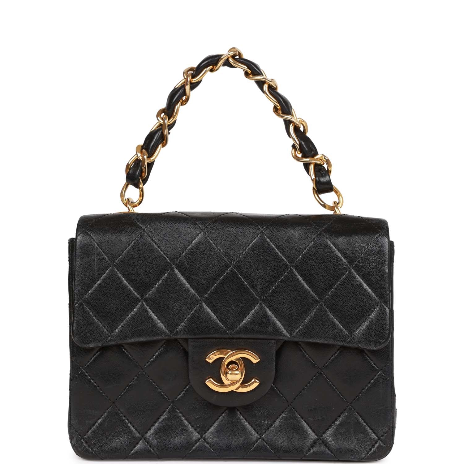 Chanel Vintage Mini Flap Chain Handle Bag Black Lambskin Gold Hardware