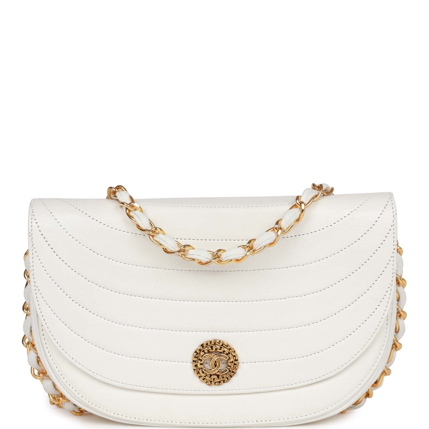Chanel Vintage Half Moon Shoulder Bag White Lambskin Gold Hardware