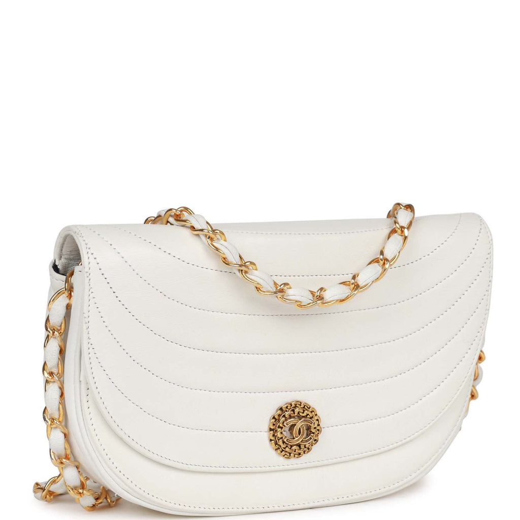 Chanel Vintage Half Moon Shoulder Bag White Lambskin Gold Hardware
