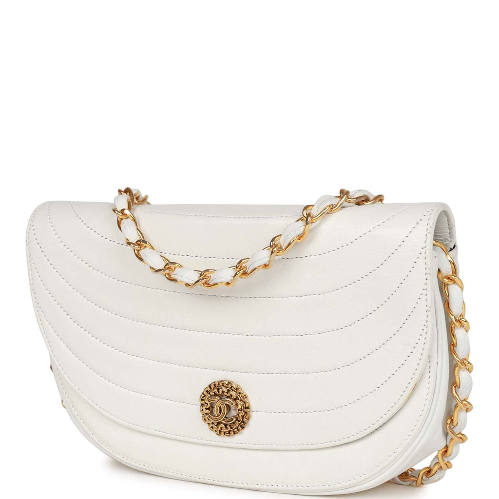 Chanel Vintage Half Moon Shoulder Bag White Lambskin Gold Hardware