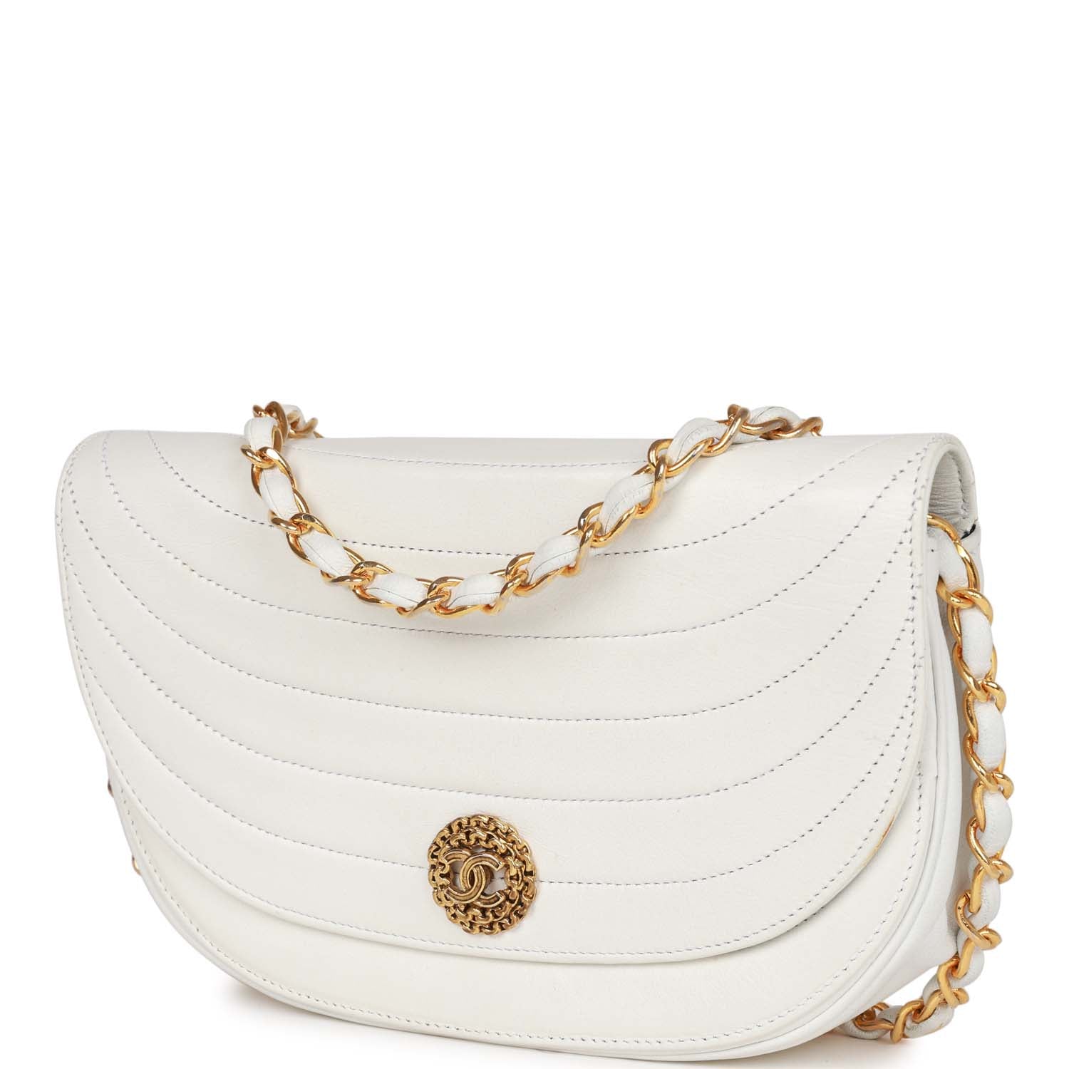 Chanel Vintage Half Moon Shoulder Bag White Lambskin Gold Hardware