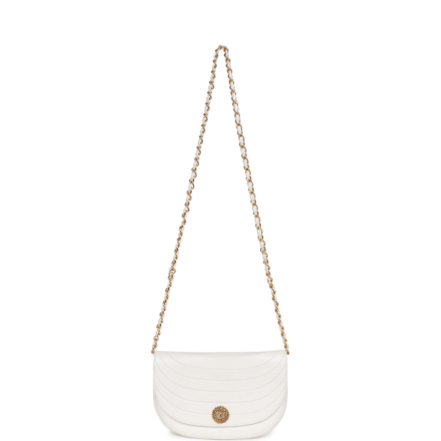 Chanel Vintage Half Moon Shoulder Bag White Lambskin Gold Hardware