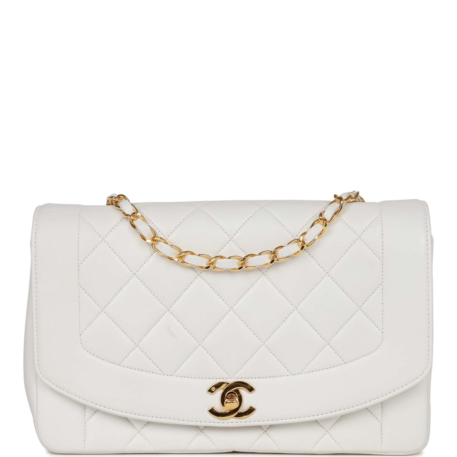 Chanel Vintage Medium Diana Flap Bag White Lambskin Gold Hardware