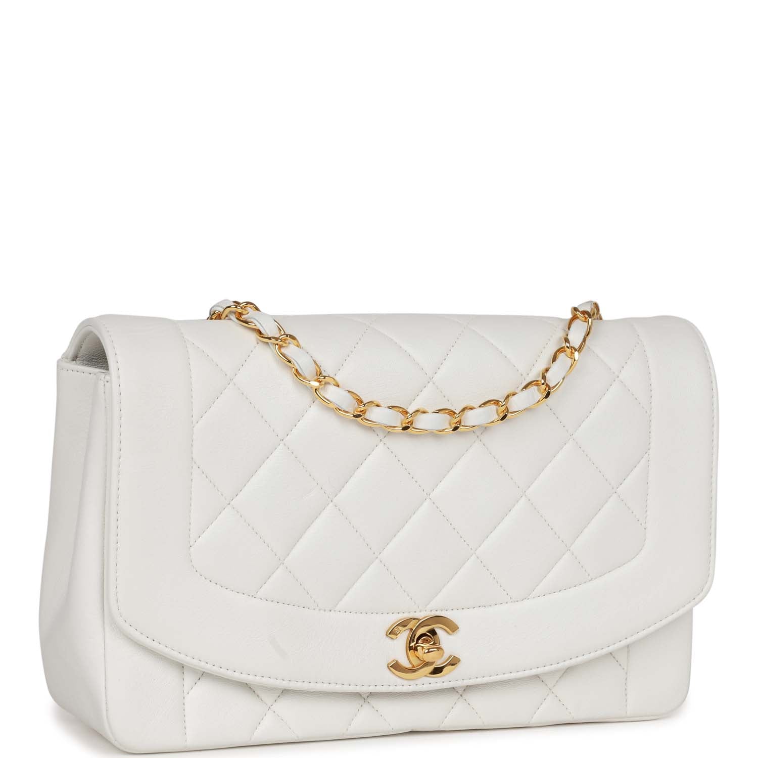 Chanel Vintage Medium Diana Flap Bag White Lambskin Gold Hardware