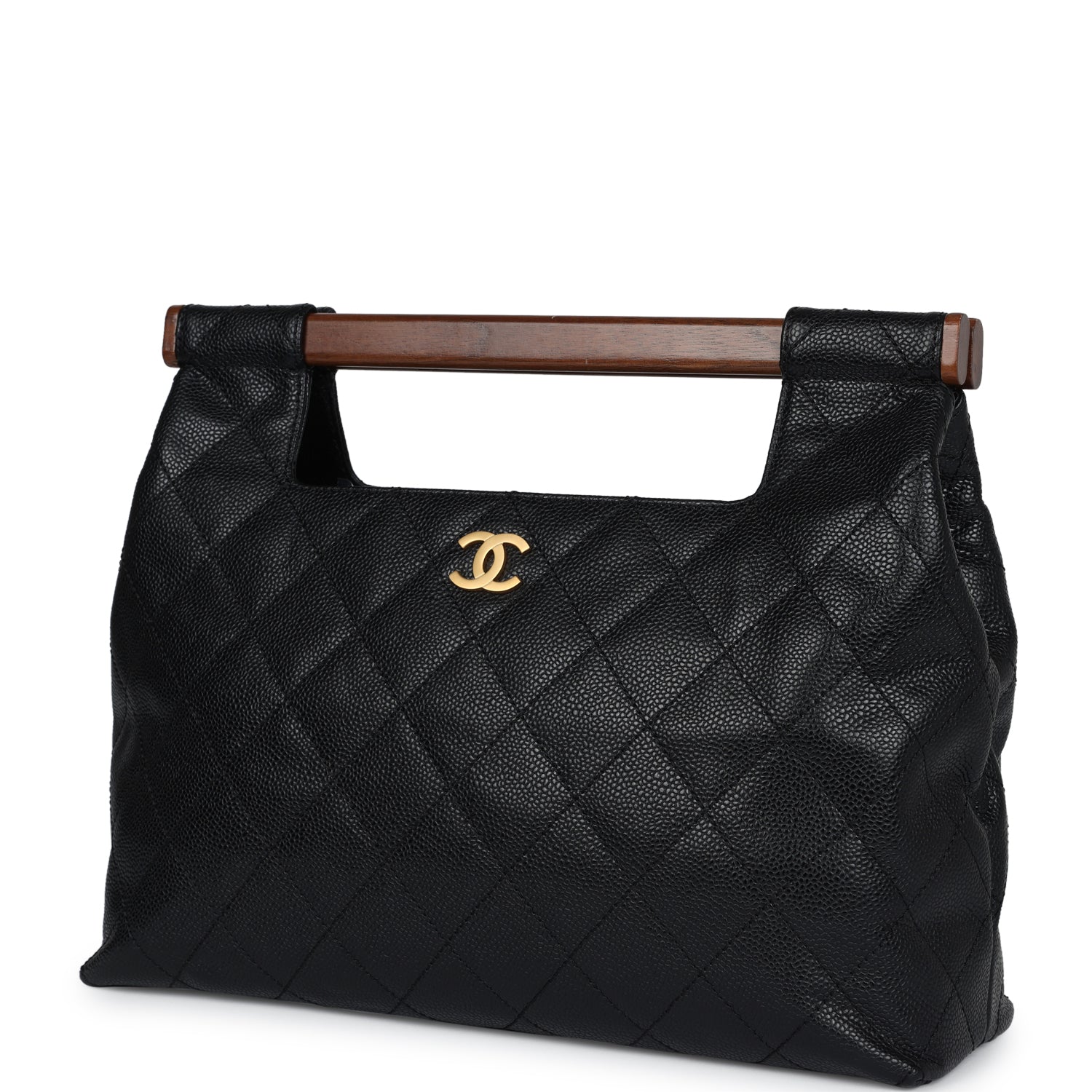 Chanel Vintage Wood Top Handle Bag Black Caviar Gold Hardware