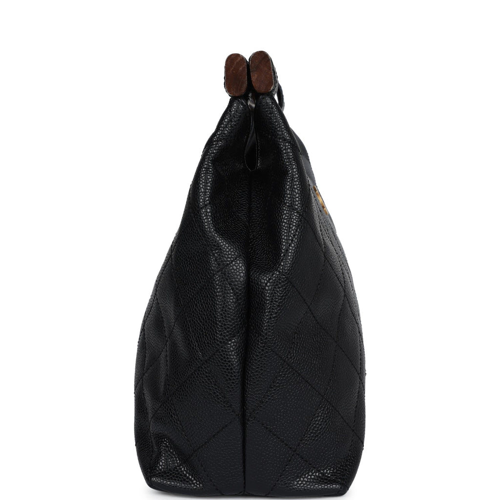 Chanel Vintage Wood Top Handle Bag Black Caviar Gold Hardware