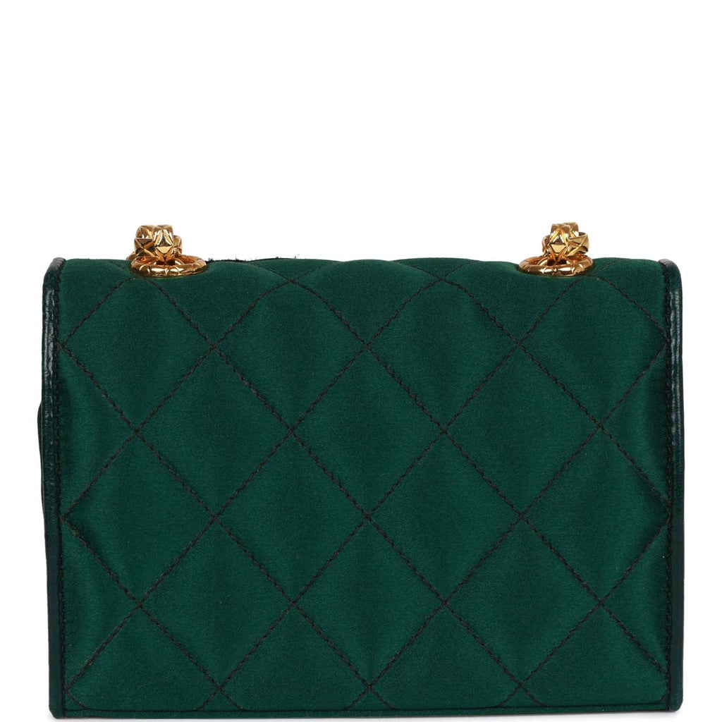 Chanel Vintage Mini Camellia Flap Bag Green Satin Gold Hardware