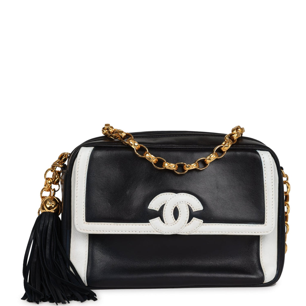 Chanel Vintage Fringe Chain Camera Bag Navy and White Lambskin Gold Hardware