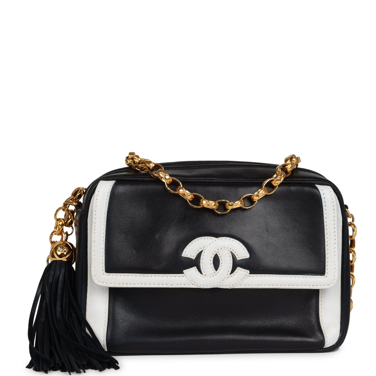 Chanel Vintage Fringe Chain Camera Bag Navy and White Lambskin Gold Hardware