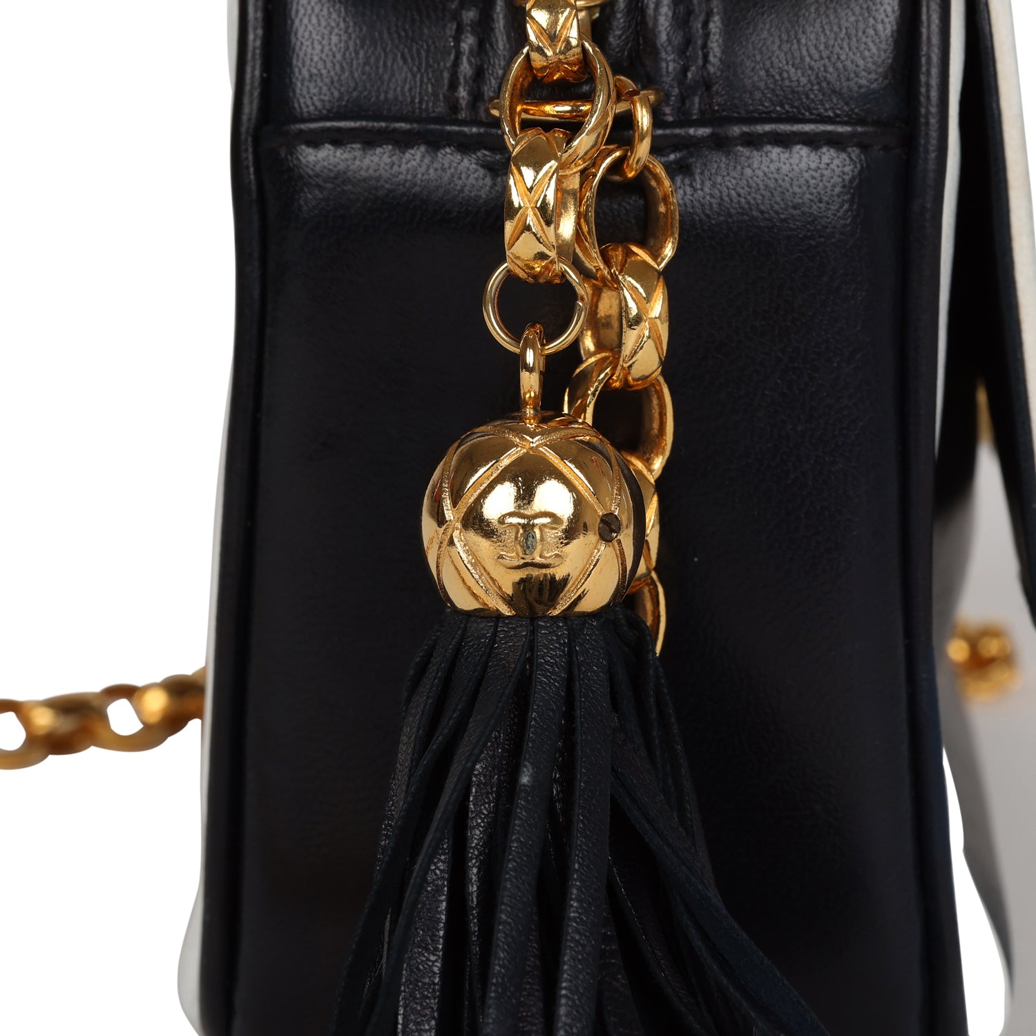Chanel Vintage Fringe Chain Camera Bag Navy and White Lambskin Gold Hardware