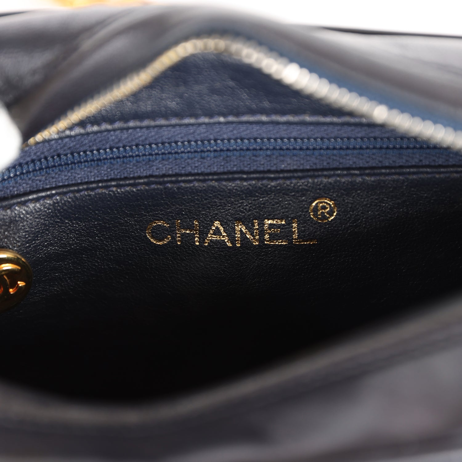 Chanel Vintage Fringe Chain Camera Bag Navy and White Lambskin Gold Hardware