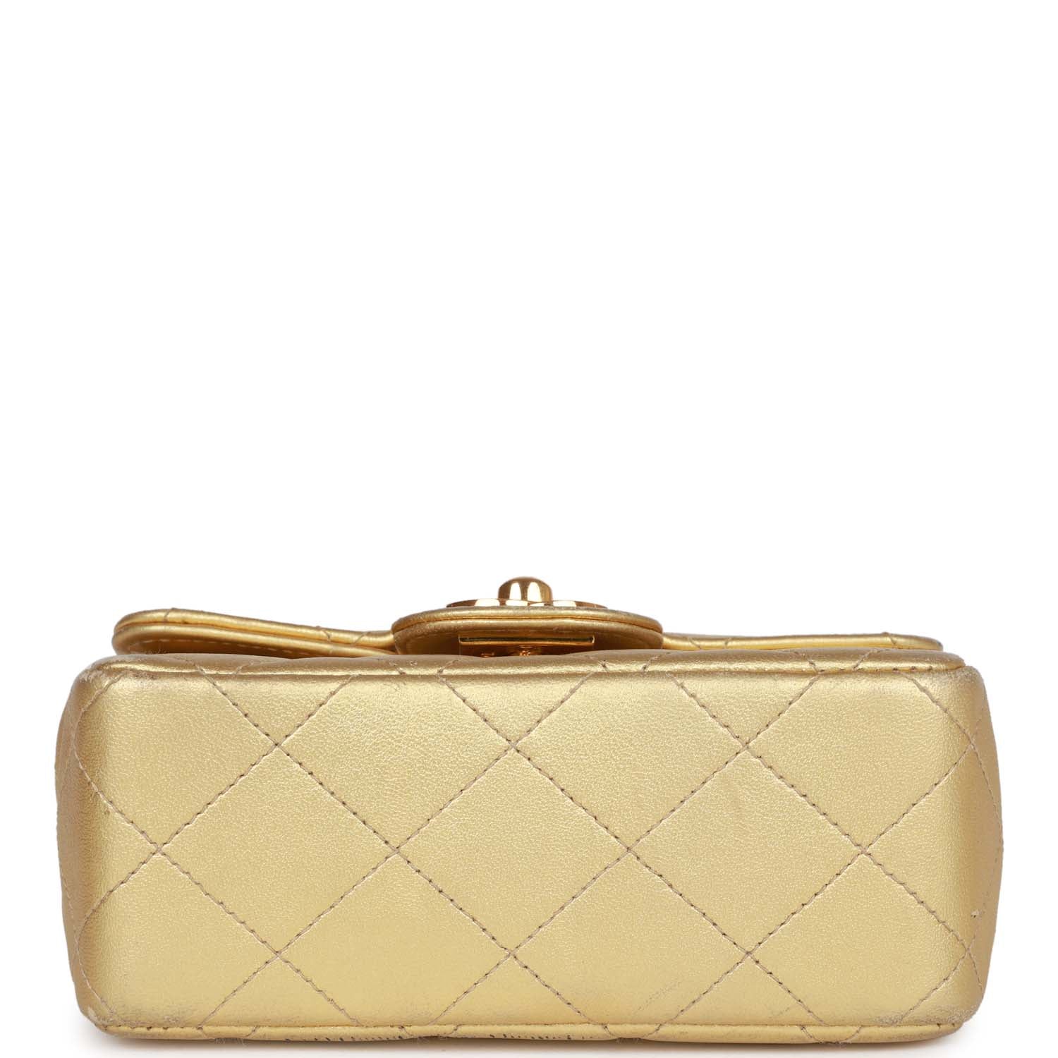 Chanel Vintage Mini Top Handle Kelly Child Flap Bag Gold Metallic Lambskin Gold Hardware