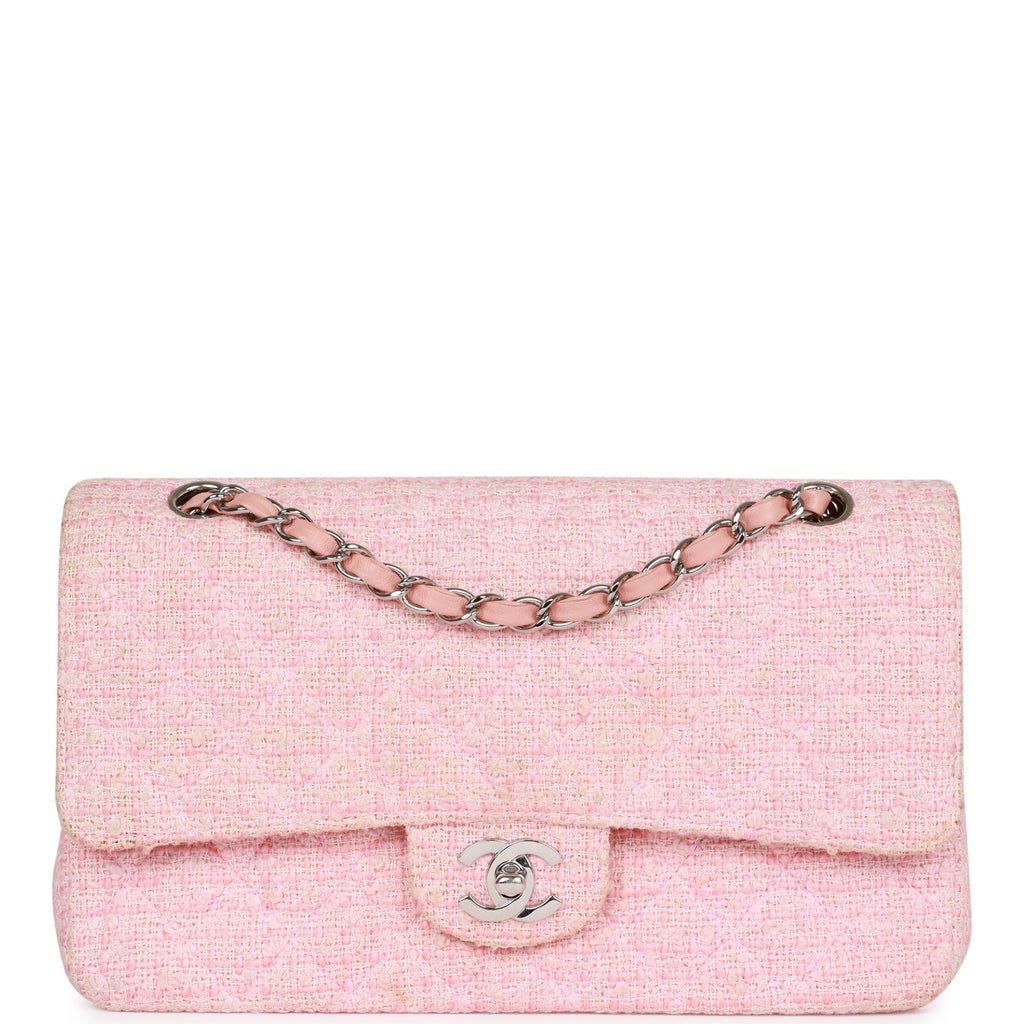Chanel Vintage Medium Classic Double Flap Bag Pink Tweed Silver Hardware