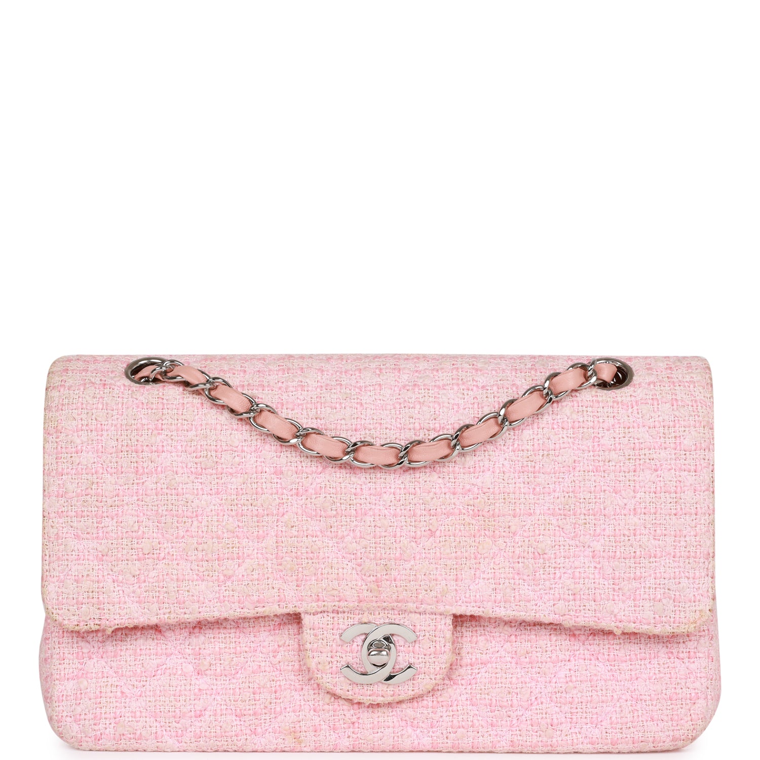 Chanel Vintage Medium Classic Double Flap Bag Pink Tweed Silver Hardware