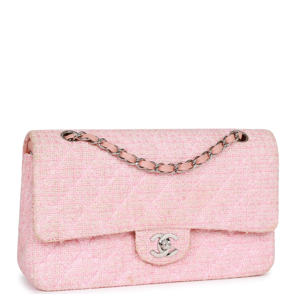 Chanel Vintage Medium Classic Double Flap Bag Pink Tweed Silver Hardware