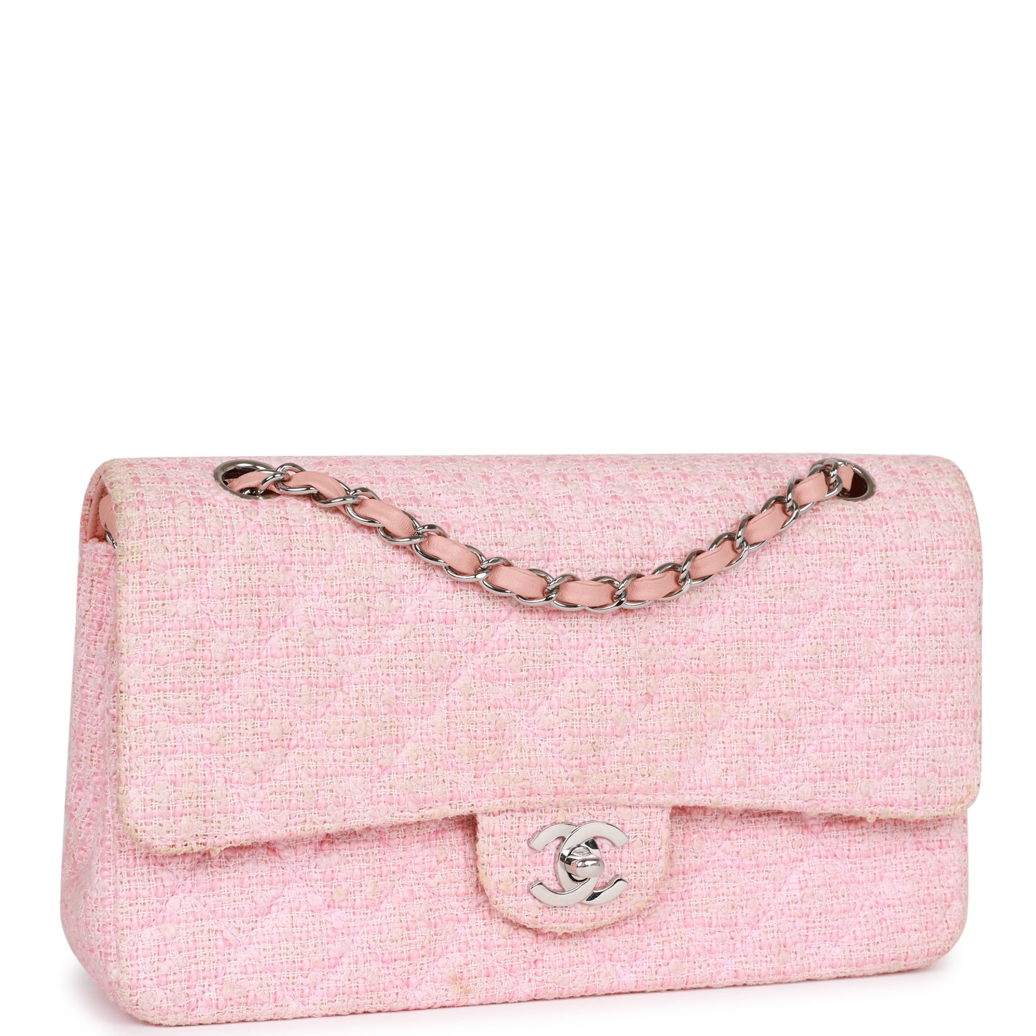 Chanel Vintage Medium Classic Double Flap Bag Pink Tweed Silver Hardware