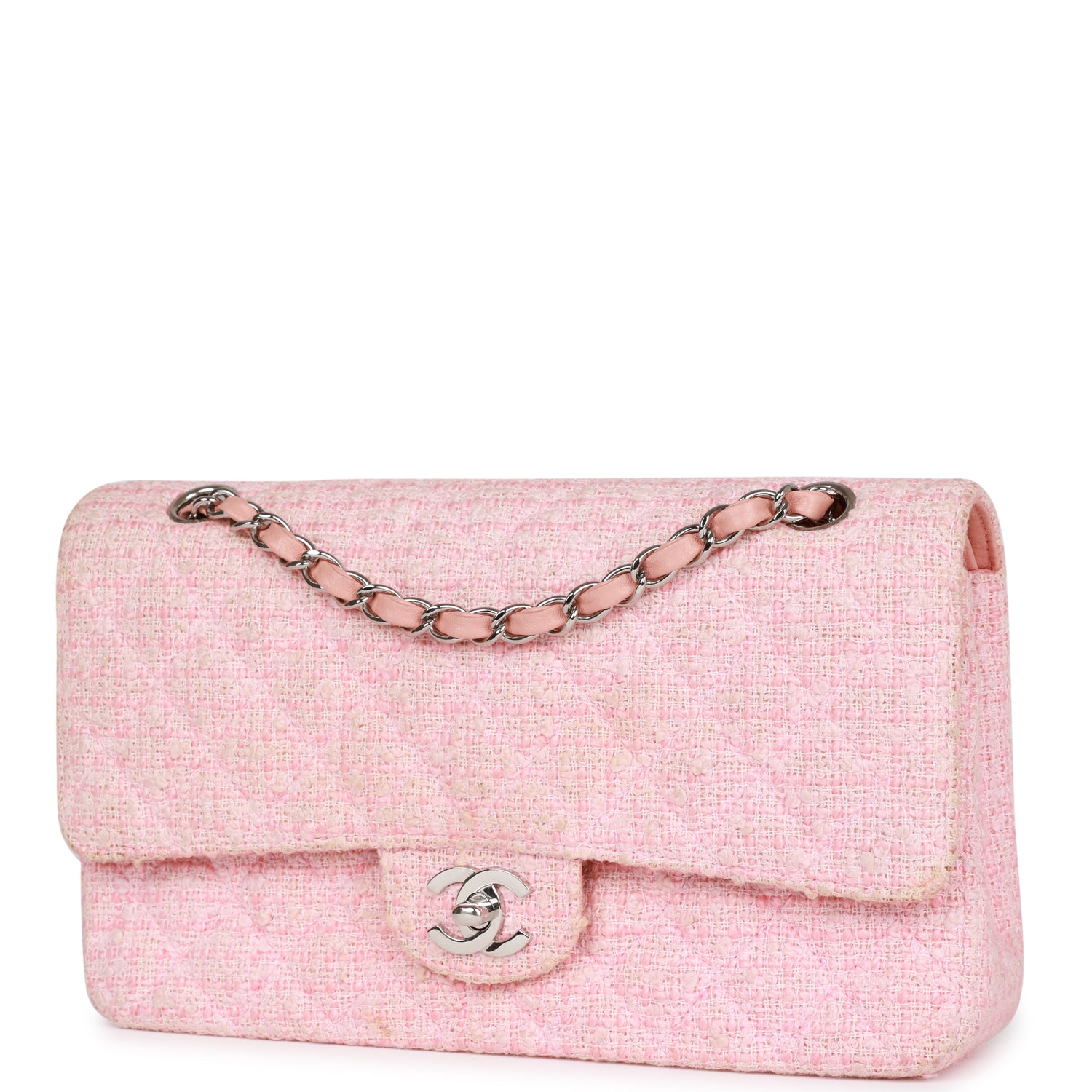 Chanel Vintage Medium Classic Double Flap Bag Pink Tweed Silver Hardware