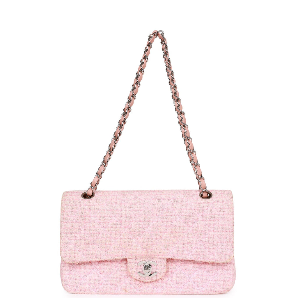 Chanel Vintage Medium Classic Double Flap Bag Pink Tweed Silver Hardware
