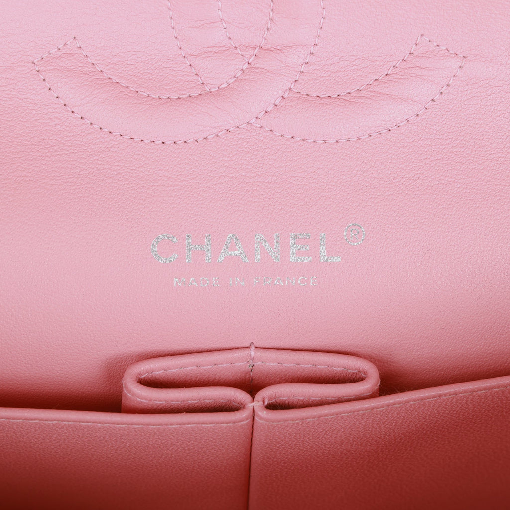 Chanel Vintage Medium Classic Double Flap Bag Pink Tweed Silver Hardware
