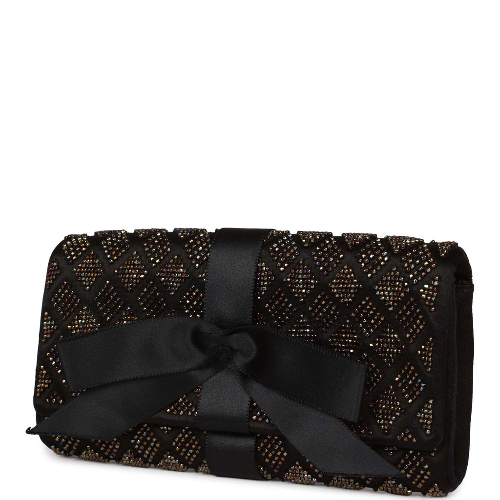 Chanel Vintage Bead Embellished Bow Flap Clutch Black Satin