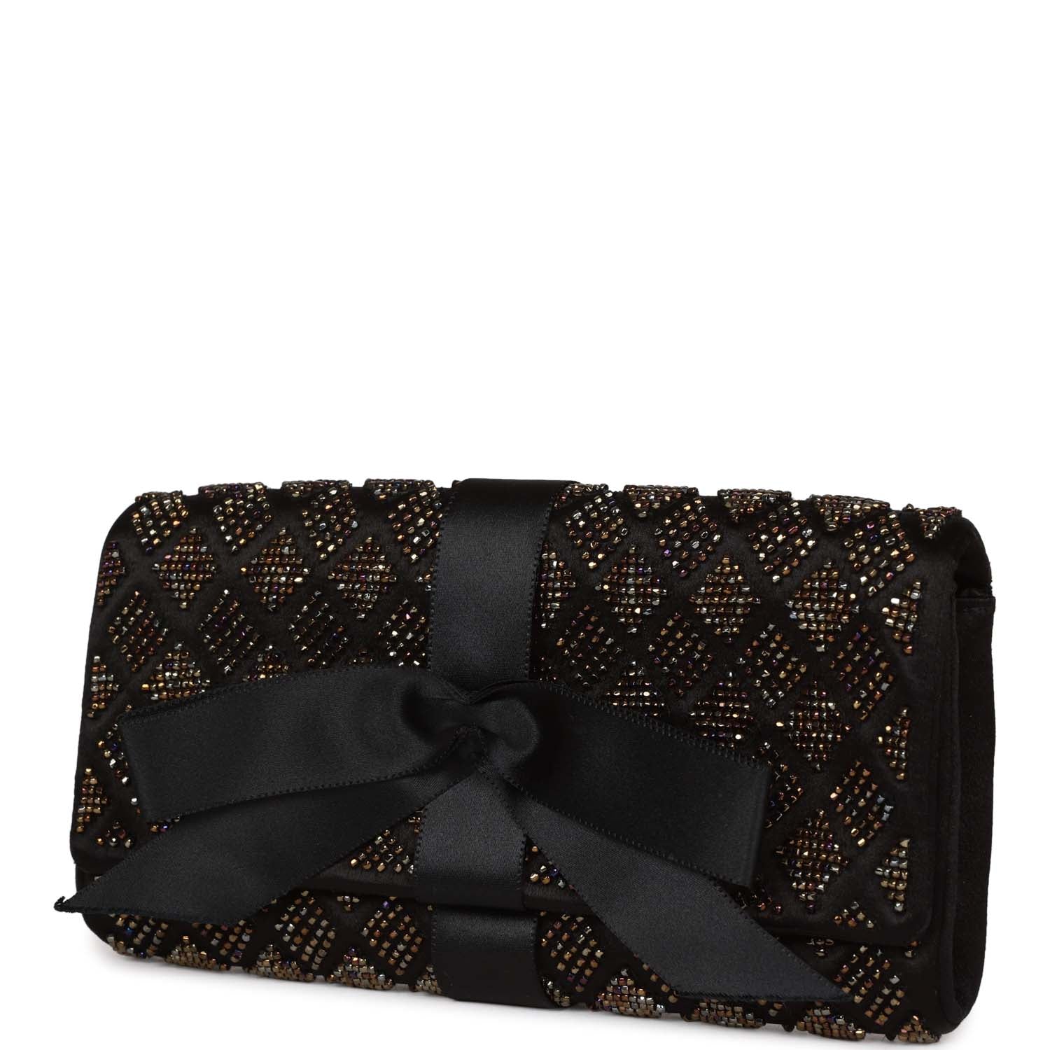 Chanel Vintage Bead Embellished Bow Flap Clutch Black Satin