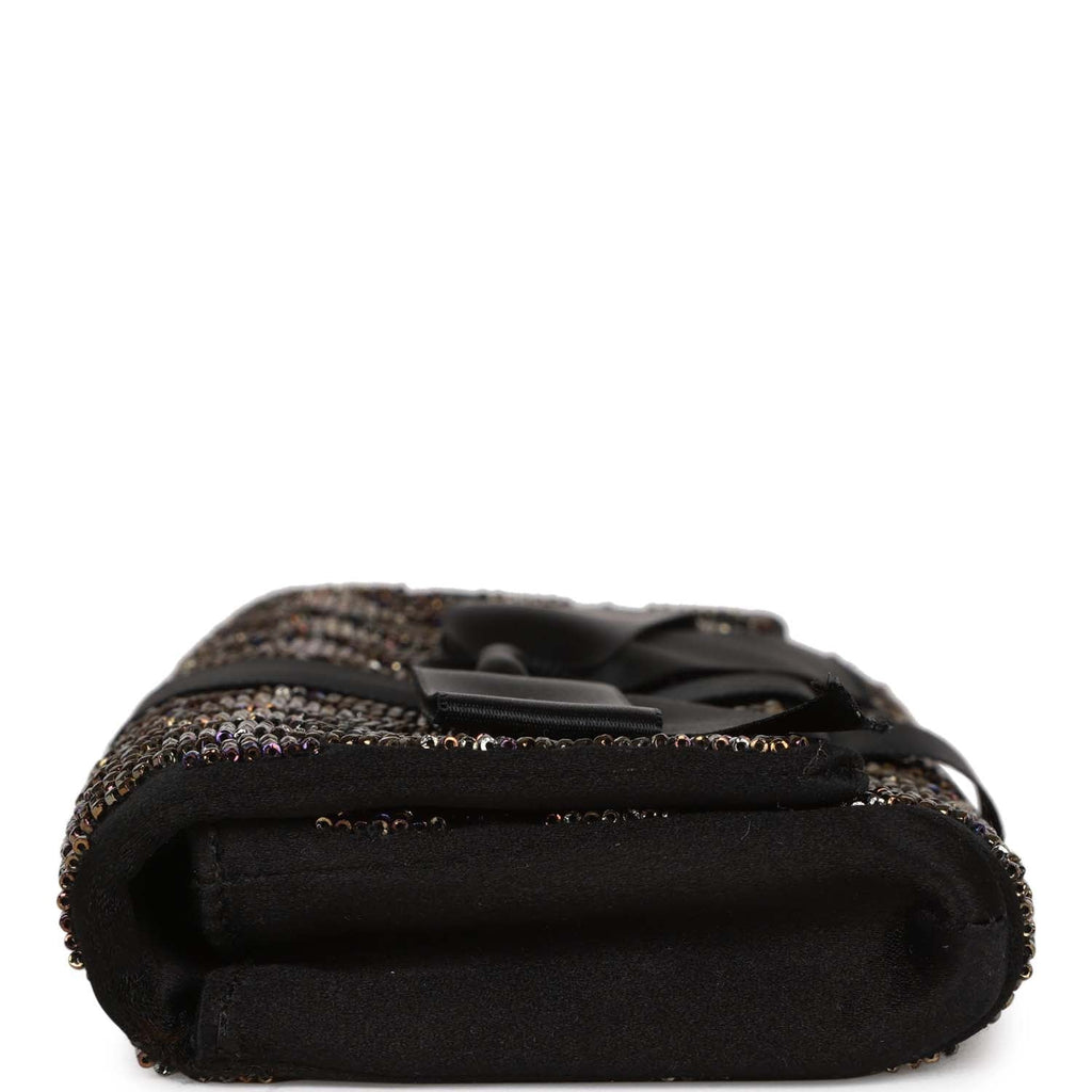Chanel Vintage Bead Embellished Bow Flap Clutch Black Satin