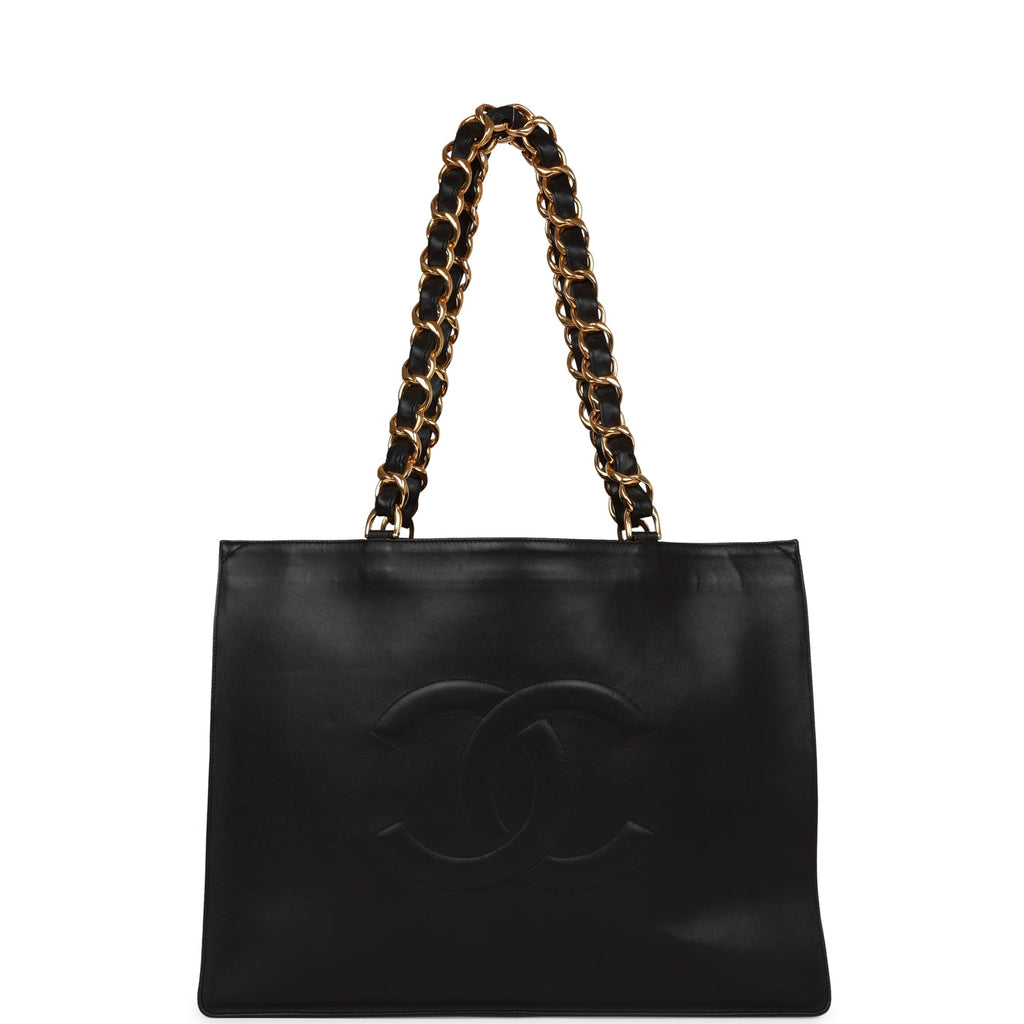 Chanel Vintage CC Chain Shopping Tote Bag Black Lambskin Gold Hardware