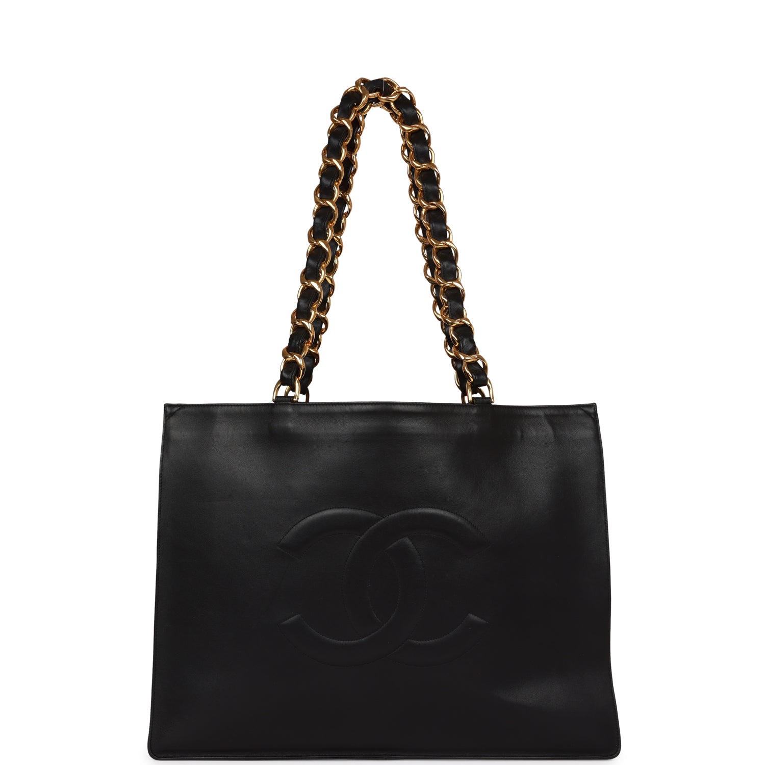 Chanel Vintage CC Chain Shopping Tote Bag Black Lambskin Gold Hardware