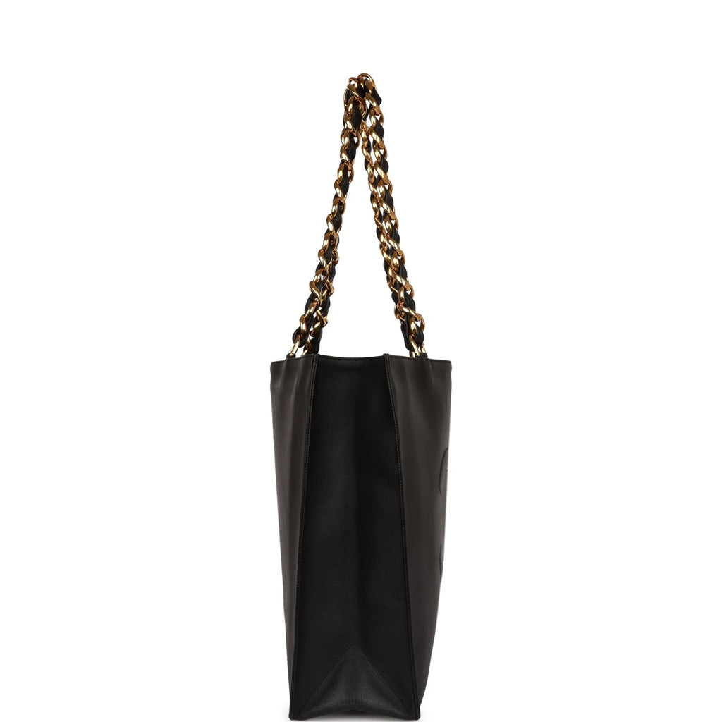 Chanel Vintage CC Chain Shopping Tote Bag Black Lambskin Gold Hardware