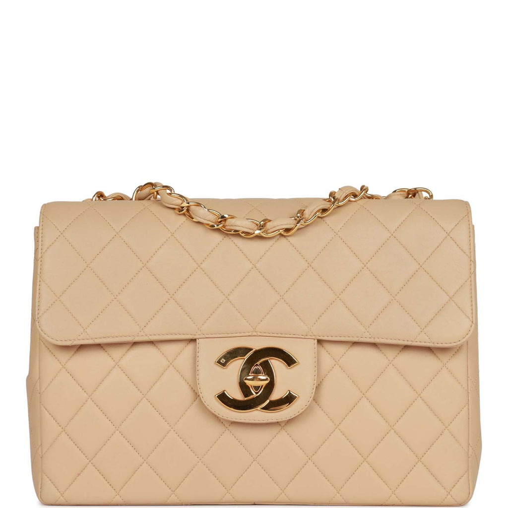 Chanel Vintage Jumbo Flap Bag Beige Lambskin Gold Hardware