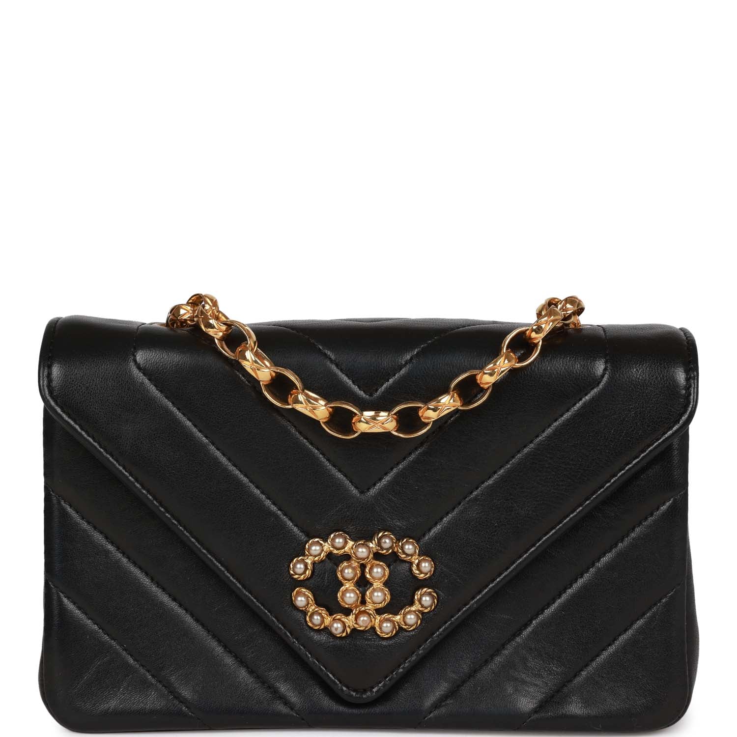 Chanel Vintage Faux Pearl Coco Bijou Mini Flap Bag Black Lambskin Gold Hardware