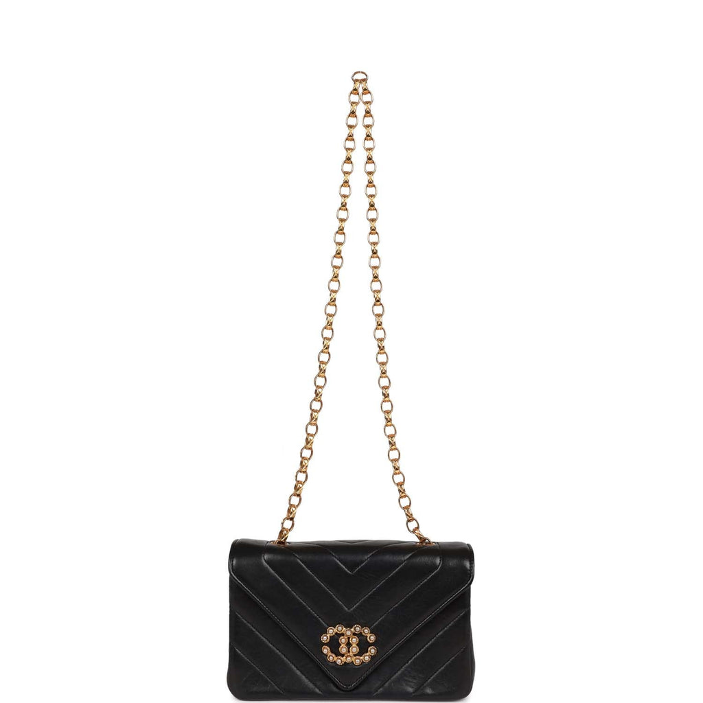 Chanel Vintage Faux Pearl Coco Bijou Mini Flap Bag Black Lambskin Gold Hardware