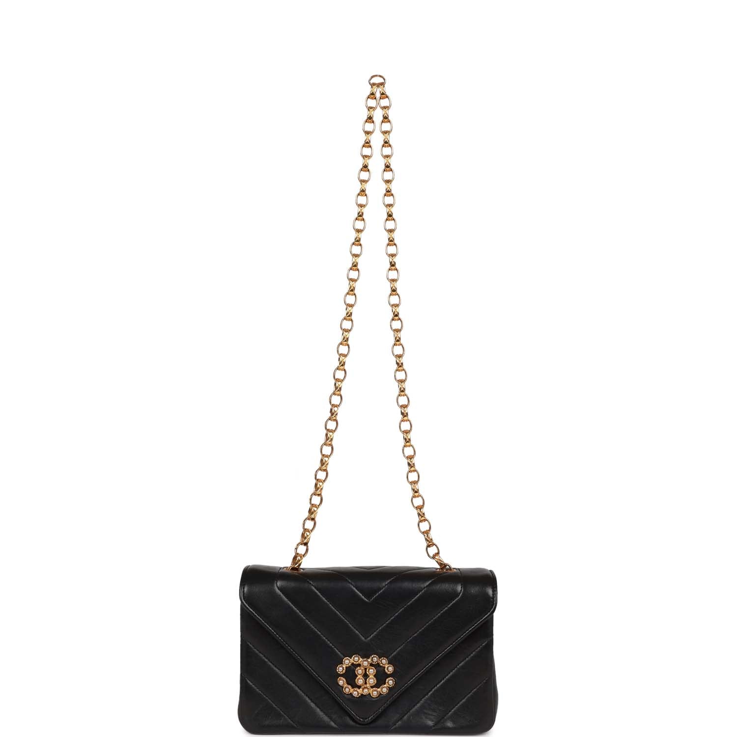 Chanel Vintage Faux Pearl Coco Bijou Mini Flap Bag Black Lambskin Gold Hardware