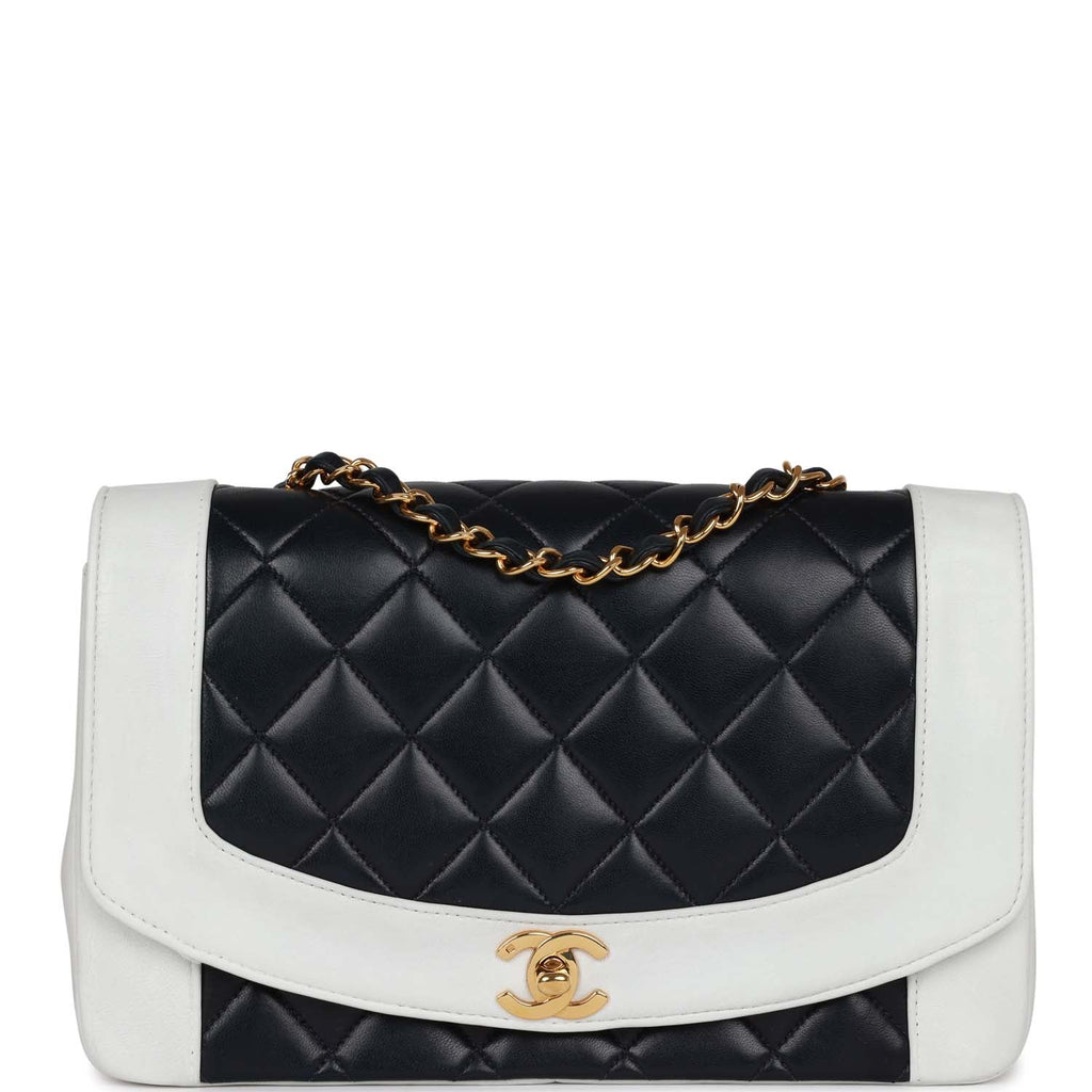 Chanel Vintage Small Diana Flap Bag White and Navy Lambskin Gold Hardware